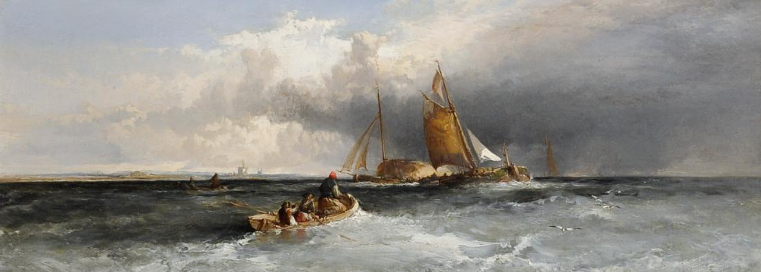 Edward Charles Williams (1807-1881) British. 'Heading: Edward Charles Williams (1807-1881) British. 'Heading out to Sea', a Seascape with Figures in a Small Boat, a Sailing Boat and a Hay Barge beyond, Oil on Canvas, Signed with Initials, Arched, 10" x 24