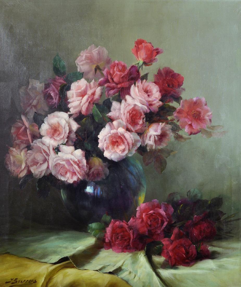 Julian Stappers (1875-1960) Belgian. Still Life with: Julian Stappers (1875-1960) Belgian. Still Life with Roses, in a Glass Vase, Oil on Canvas, Signed, 29.5" x 25.5".