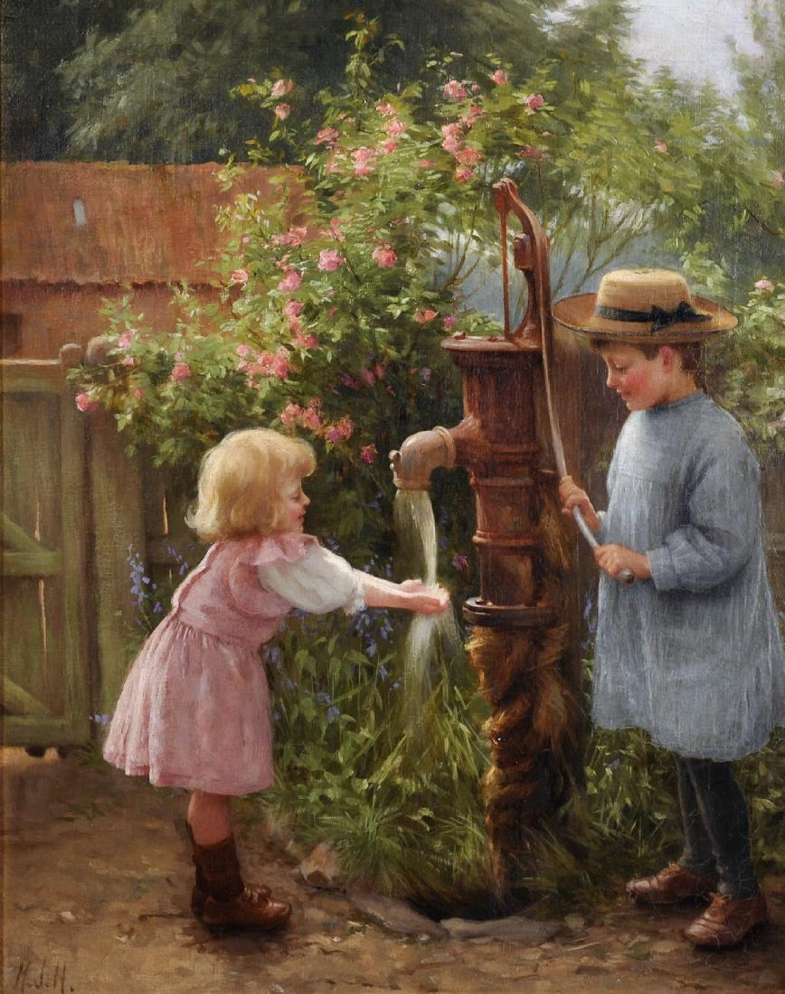 Minnie Jane Hardman (nee Shubrook) (1867- ?) British.: Minnie Jane Hardman (nee Shubrook) (1867- ?) British. 'At the Water Pump', the Artist's Son and Daughter, Oil on Canvas, Signed with Initials, 20" x 16".