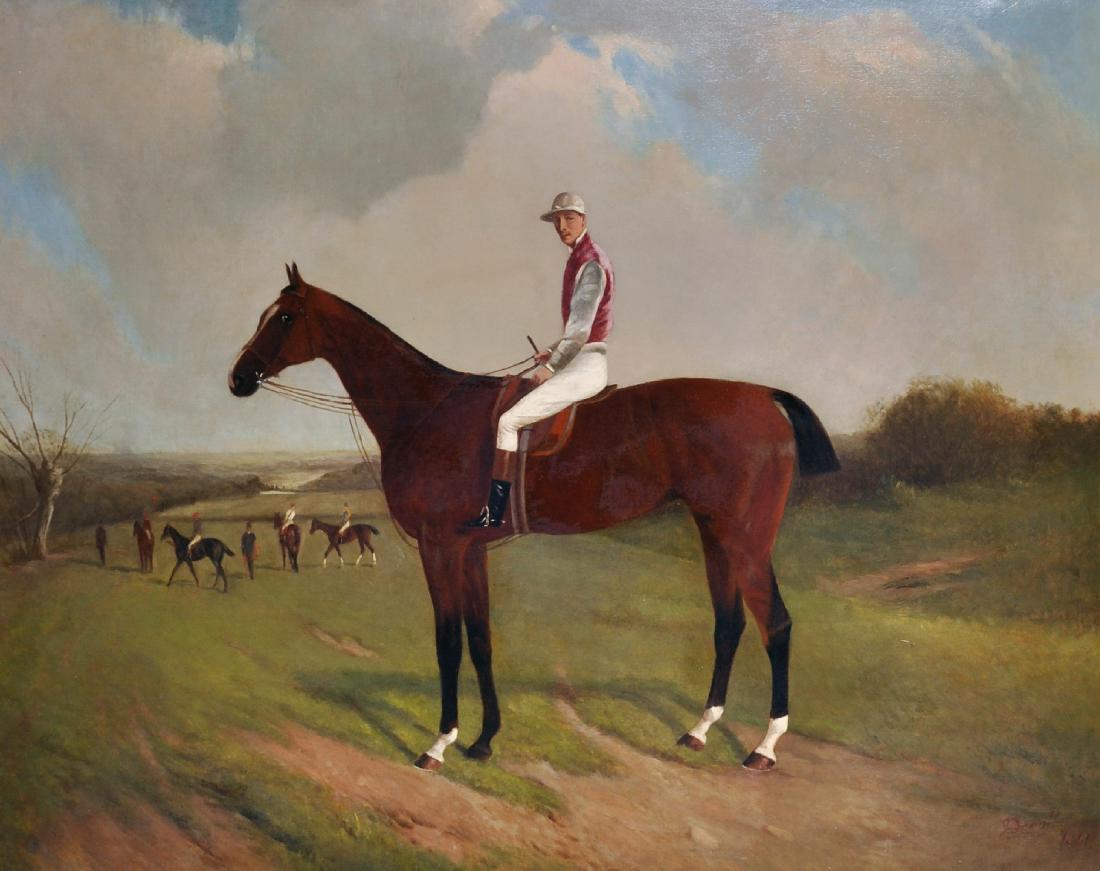 John Duvall (1816-1892) British. A Horse and Jockey in: John Duvall (1816-1892) British. A Horse and Jockey in a Landscape, with other Race Horses and Jockeys beyond, Oil on Canvas, Signed and Dated 1841, 33.75" x 44".