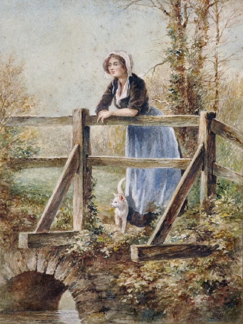 19th Century English School. A Young Girl and Cat,: 19th Century English School. A Young Girl and Cat, standing on a Bridge, Watercolour, Signed with Monogram, 11.5" x 8.75".