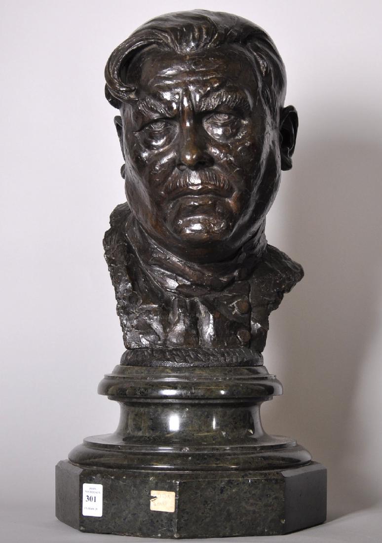 Barney Seale (1896-1957) British. "Self Portrait",: Barney Seale (1896-1957) British. "Self Portrait", Bronze on a Green Marble Base, overall H.21" W.11" D.10.5".