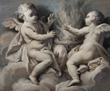 Attributed to Jacob de Wit (c.1695-1754) Dutch.: Attributed to Jacob de Wit (c.1695-1754) Dutch. 'Allegory of Summer', en grisaille, Oil on Canvas, 7.75" x 9", and a companion piece, 'Putti with a Scythe and Hay', a Pair (2).