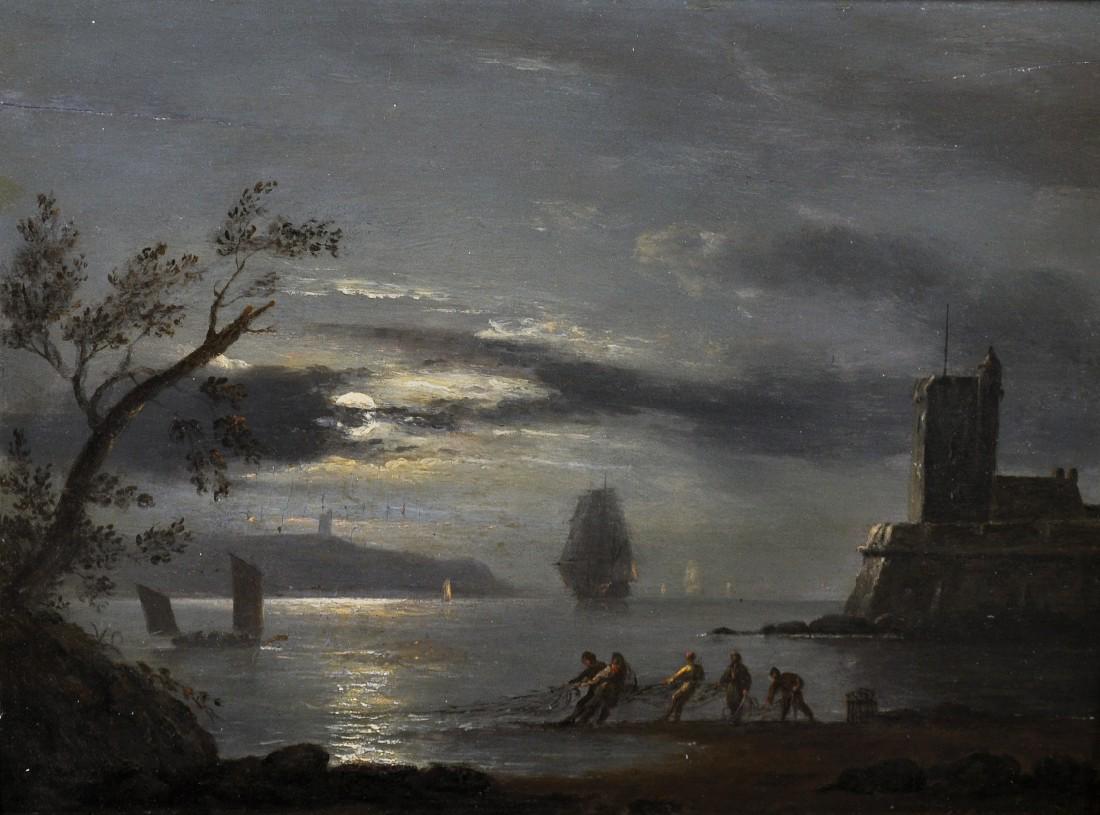 Thomas Luny (1759-1837) British. Figures Hauling in: Thomas Luny (1759-1837) British. Figures Hauling in Fishing Nets in a Moonlit Seascape, Oil on Panel, Signed and Dated 1807, 9" x 12". Provenance: The Parker Gallery, London.