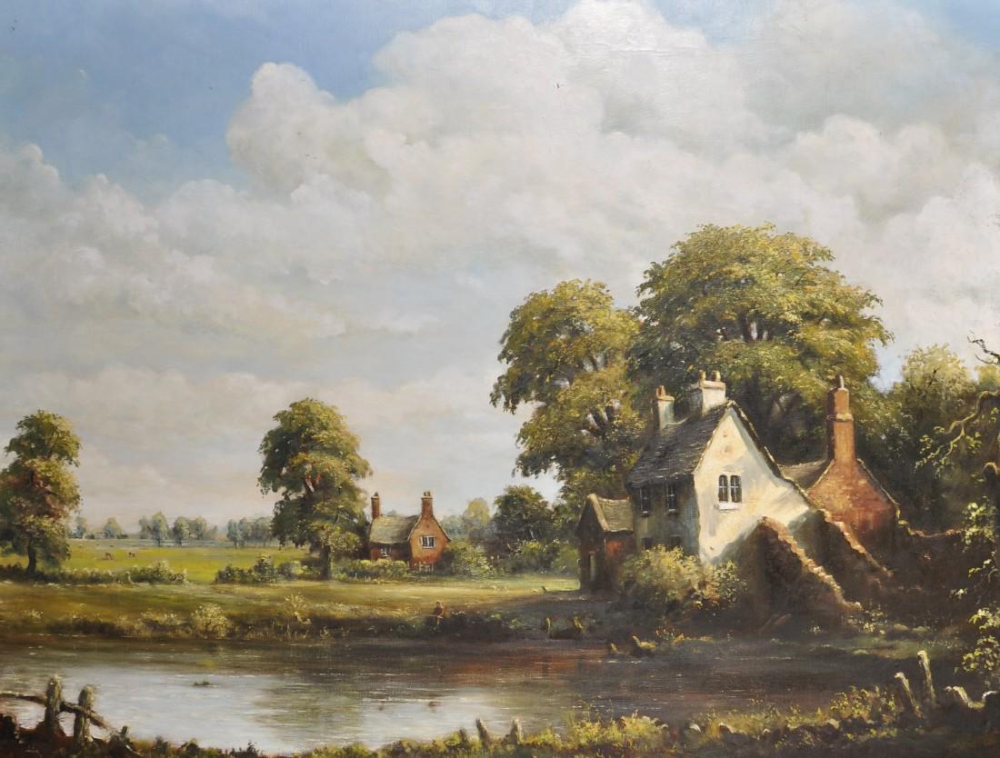 James Preston (20th Century) British. A River Landscape: James Preston (20th Century) British. A River Landscape with a Cottage, and a Lady Fishing, Oil on Canvas, Signed and Dated '74, 36" x 48".