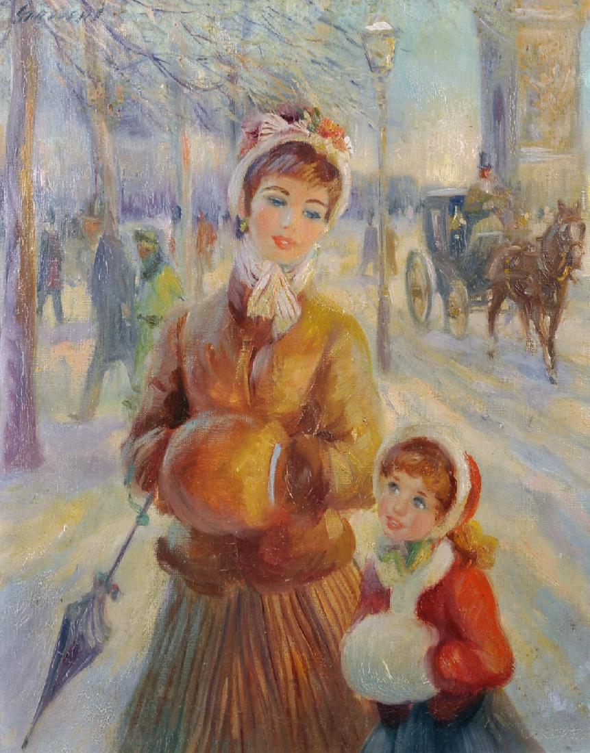 John Strevens (1902-1990) British. "Winter Sunshine,: John Strevens (1902-1990) British. "Winter Sunshine, Champs Elysees", A Mother and Child in a Street Scene, Oil on Canvas, Signed, and Signed and Inscribed on the reverse, 16.5" x 13.5". Provenance; A