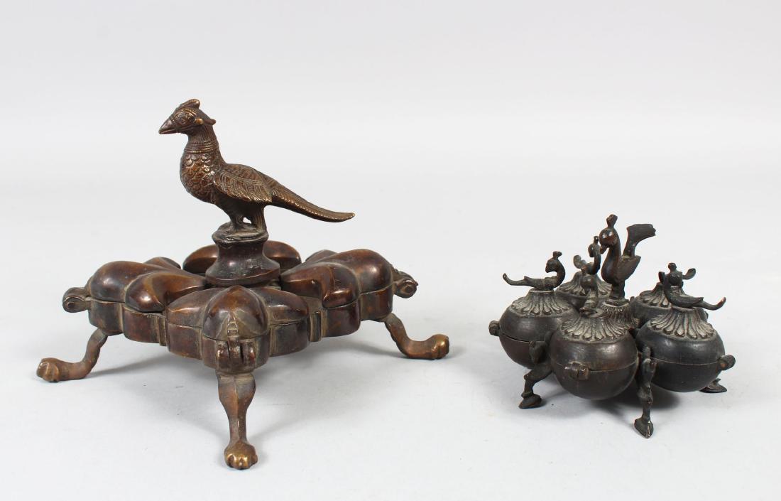 TWO 19TH CENTURY INDIAN BRASS SPICE BOXES WITH BIRD (1 of 5)