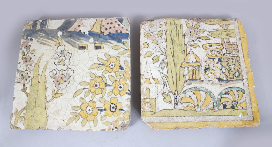A PAIR OF 17TH CENTURY PERSIAN SAFAVID POTTERY TILES, (1 of 3)