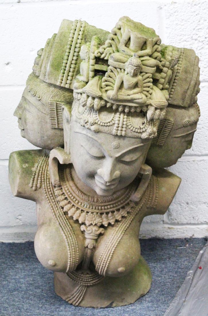 A LARGE INDIAN SAFAVID SANDSTONE BUST OF A 3-HEADED (1 of 8)