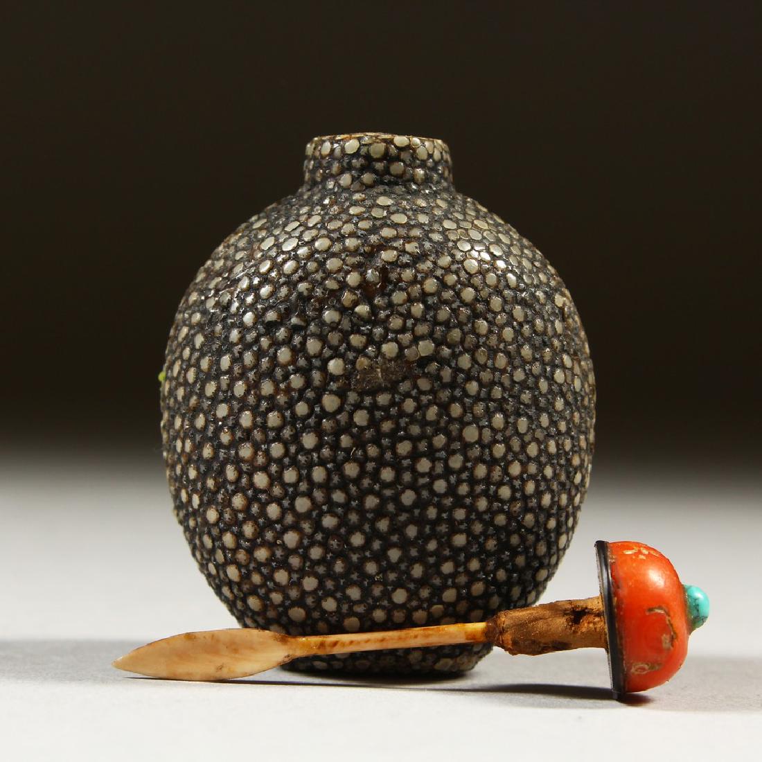 A 19TH CENTURY CHINESE SHAGREEN SNUFF BOTTLE, with (1 of 9)