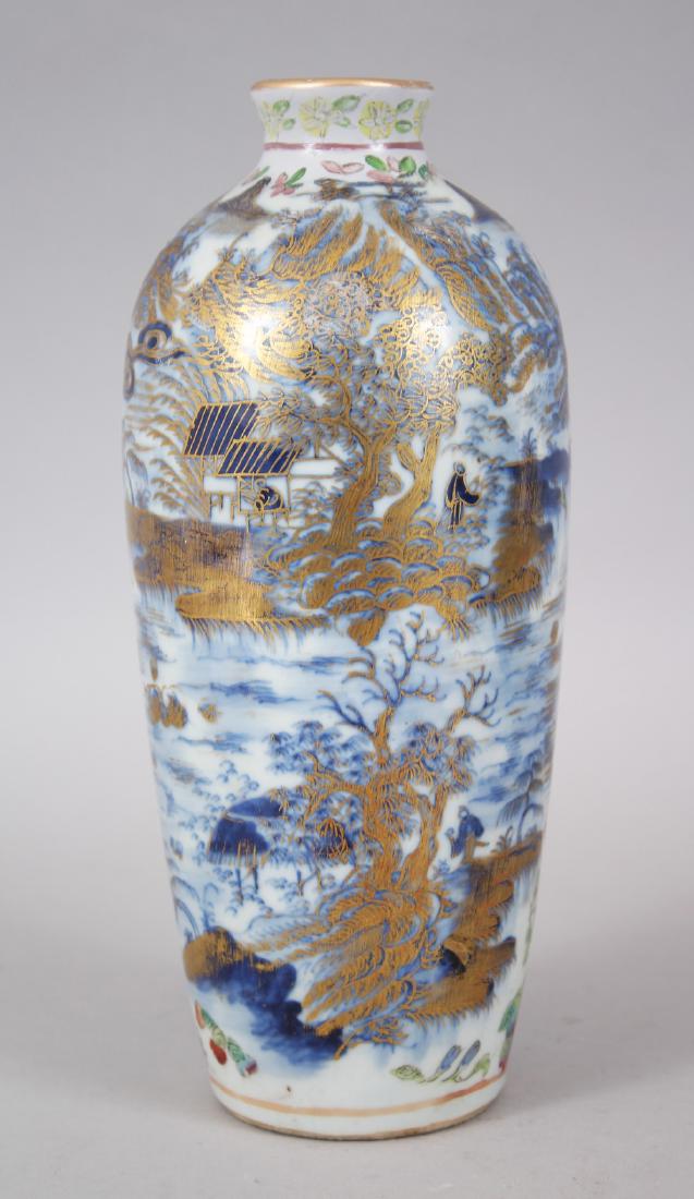 A 19TH CENTURY CHINESE CANTON FAMILLE ROSE AND BLUE &: A 19TH CENTURY CHINESE CANTON FAMILLE ROSE AND BLUE & WHITE PORCELAIN VASE, the vase with two designs, one side is of blue and white chinese style decoration depicting lakeside setting and highlighted