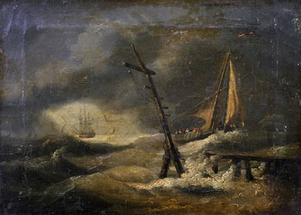 Attributed to John Thomas Serres (1759-1825) British.: Attributed to John Thomas Serres (1759-1825) British. Shipping in Rough Seas, with a Shipwreck, Oil on Canvas, Indistinctly Signed, Unframed, 10.5" x 14.25".