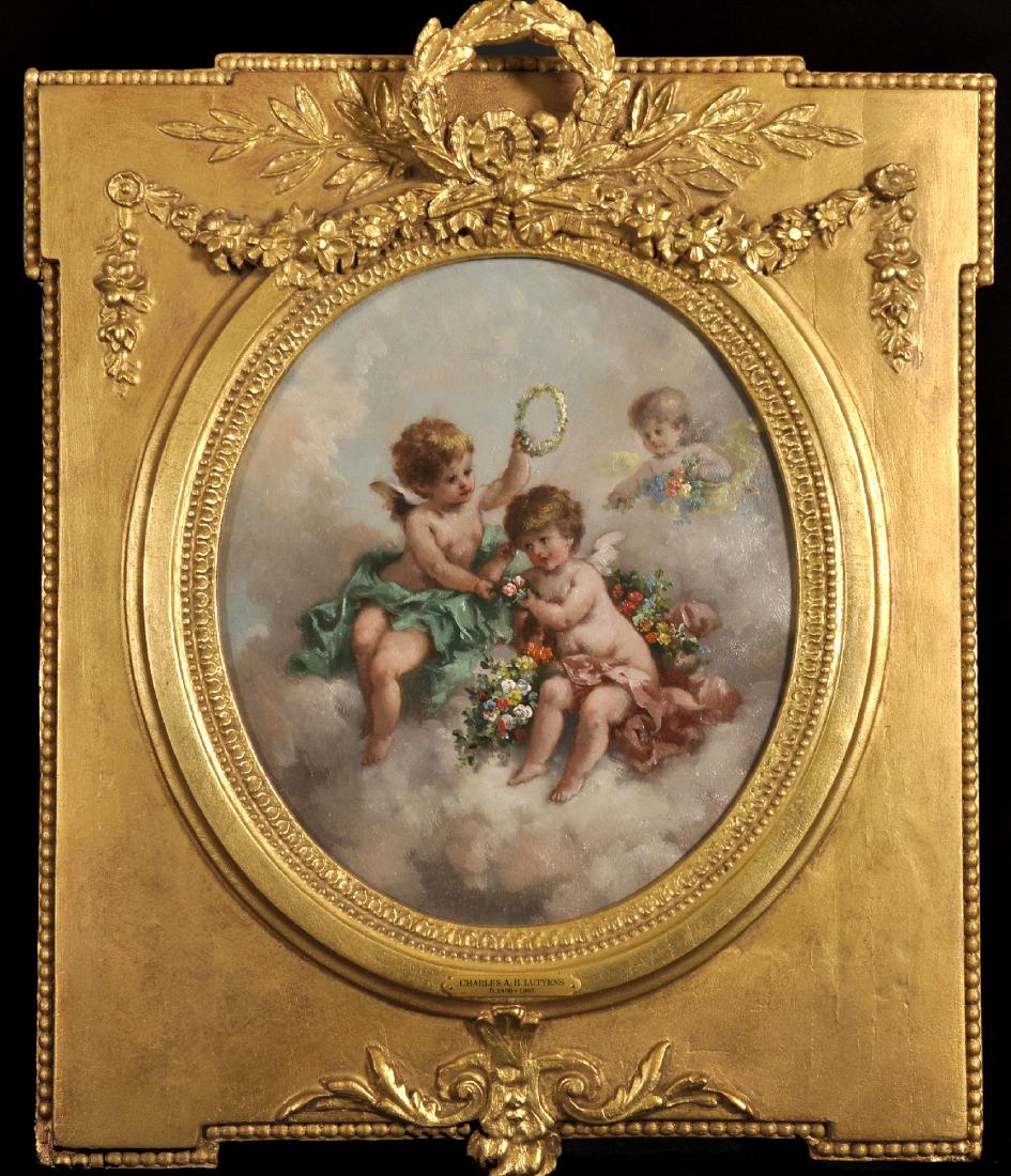 Charles Augustus Henry Lutyens (1829-1915) British.: Charles Augustus Henry Lutyens (1829-1915) British. Cherubs seated on Clouds with Garlands of Flowers, Oil on Canvas laid down, Signed under the slip, Oval in a very ornate Gilt Composition Frame, 14"