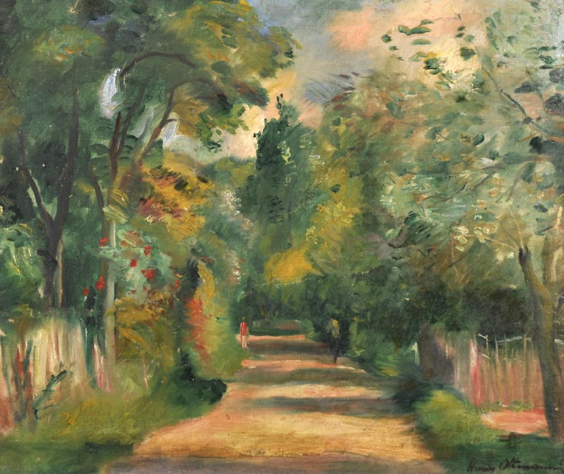 Henri Ottmann (1877-1927) French. A Figure on a Tree: Henri Ottmann (1877-1927) French. A Figure on a Tree lined Path, Oil on Canvas, Signed, in a Carved Giltwood Frame, 18" x 21.5".