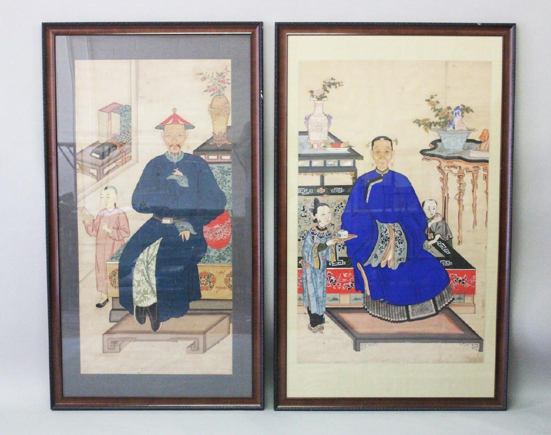 TWO LARGE 19TH CENTURY CHINESE FRAMED PAINTED SCROLL: TWO LARGE 19TH CENTURY CHINESE FRAMED PAINTED SCROLL PICTURES, one depicting a lady in uniform with young attendants, probably celebrating tea ceremony, the other of a gentleman in uniform with a youn