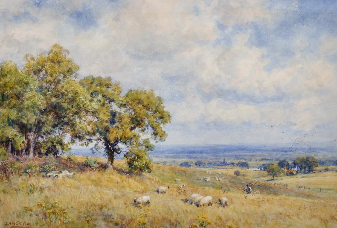 Sir Ernest Albert Waterlow (1850-1919) British.: Sir Ernest Albert Waterlow (1850-1919) British. "September Afternoon, Sussex", with Sheep Grazing in the foreground, Watercolour, Signed, and Inscribed on labels on the reverse, 15" x 21". Provenance:
