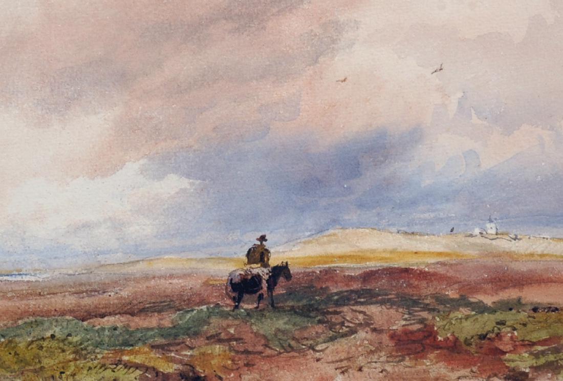 David Cox (1809-1885) British. A Figure on Horseback: David Cox (1809-1885) British. A Figure on Horseback under a Cloudy Sky, Watercolour, Inscribed on a label on the reverse, 5" x 7.5". Provenance: Abbott & Holder, London, No. K01551. - A Sepia version