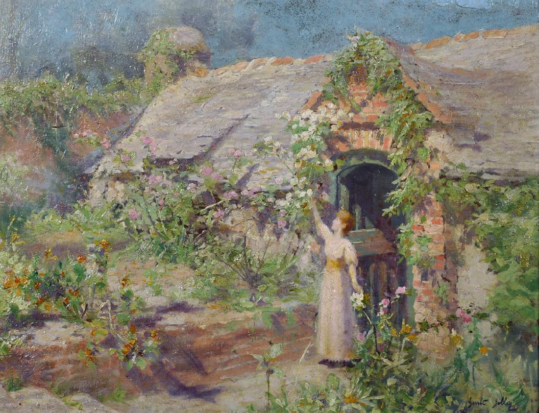 Martin Gwilt Jolley (1859-1916) British. A Garden: Martin Gwilt Jolley (1859-1916) British. A Garden Scene, with a Lady Picking Flowers, Oil on Panel, Signed, 12 "x 15.5". Provenance; Ruskin Galleries, Birmingham.