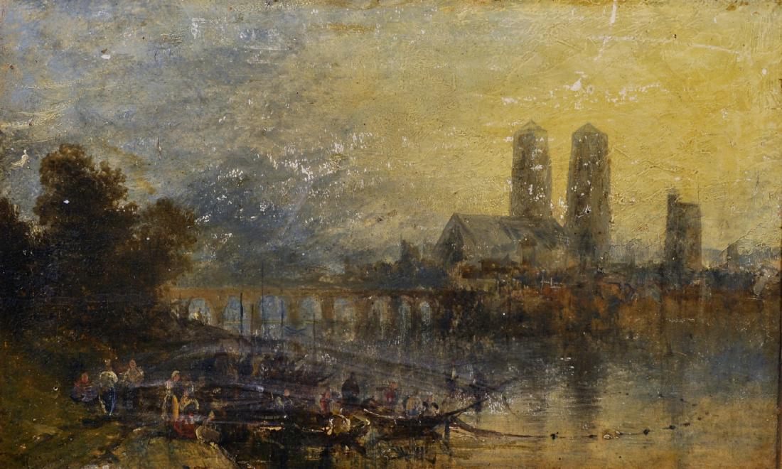 Circle of Henry Thomas Dawson (act.1860-1896) British.: Circle of Henry Thomas Dawson (act.1860-1896) British. A River Scene with Figures and Boats, and a Church in the distance, Oil on Panel, 10.5" x 17".