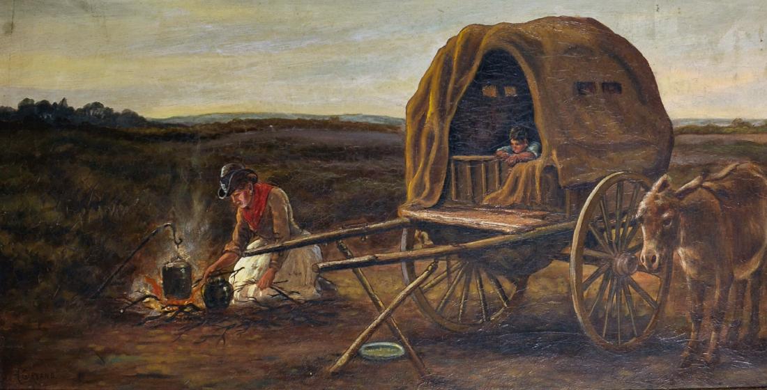 Henry Garland (act.1854-1890) British. "From Village to: Henry Garland (act.1854-1890) British. "From Village to Village", a Study of Mother and Child with a Donkey and Cart, Oil on Canvas, Signed, and Signed on the reverse, 14" x 28".