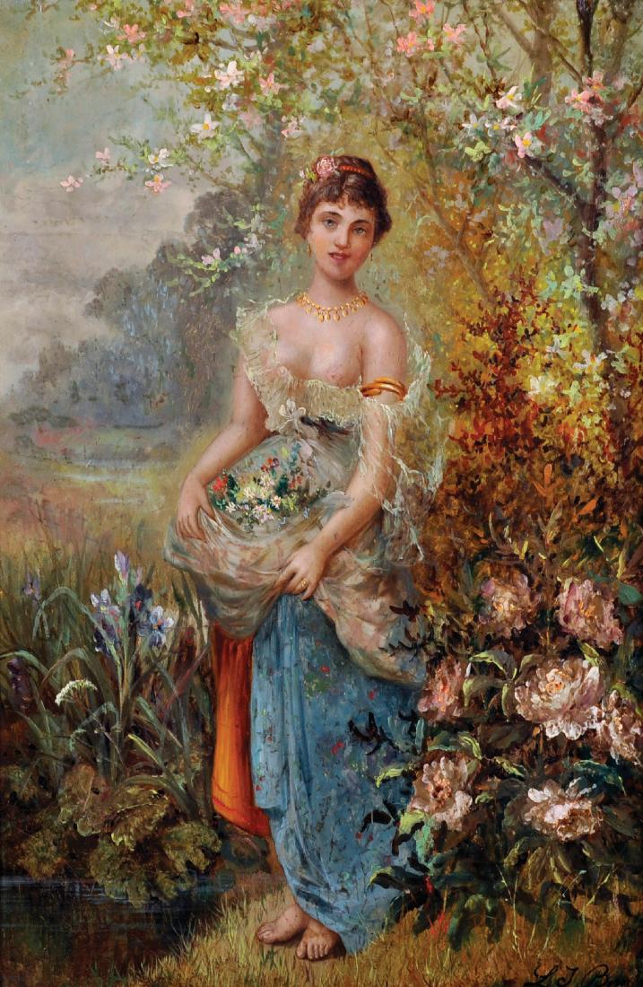 L...J...Bernards (19th Century) French. "La Reverie: L...J...Bernards (19th Century) French. "La Reverie Painture", Study of a Flower Girl standing in a River Landscape, Oil on Panel, Signed, and Signed, Inscribed and Indistinctly Dated 1893 on reverse,