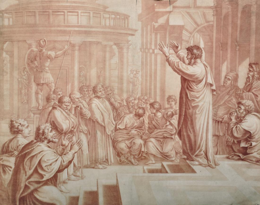 19th Century Italian School. A Figure in Robes talking: 19th Century Italian School. A Figure in Robes talking to the Masses outside a Classical Italian Building, Sepia Print, Unframed, 12.75" x 16", and another similar Print, Two (2). Provenance: Messrs S