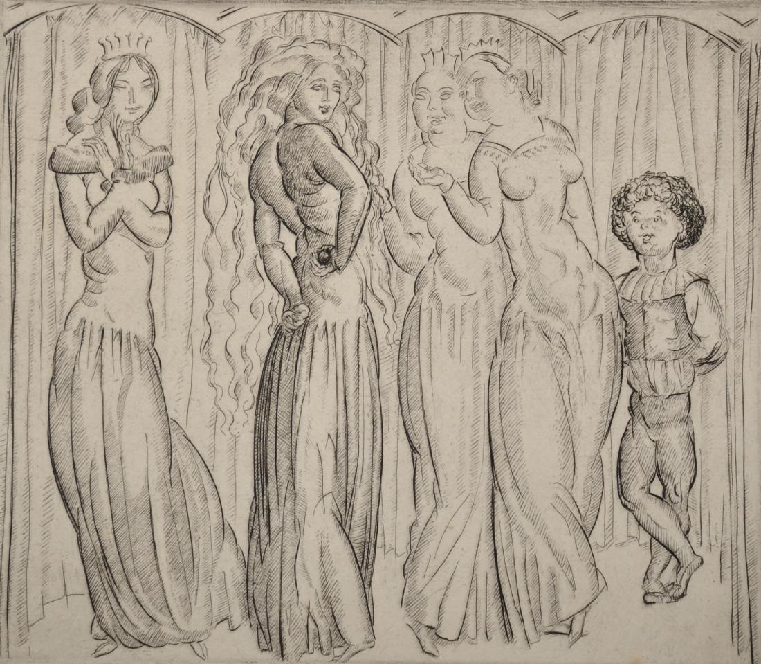 Frederick Carter (1885-1967) British. Four Ladies on: Frederick Carter (1885-1967) British. Four Ladies on Stage, with a Young Boy, Etching, Signed in Pencil, Unframed, 6.25" x 7", and Four others by the same hand, Five (5).