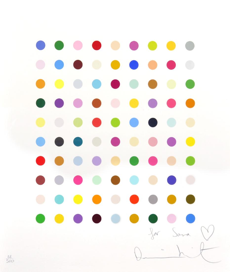 Damien Hirst (1965- ) British. "Spots", with Ninety: Damien Hirst (1965- ) British. "Spots", with Ninety Colour Spots on a White background, Limited Edition Print, Signed, Inscribed 'Sarah Hubard' with a Heart, and Numbered 88/500, with a Derbyshire fra