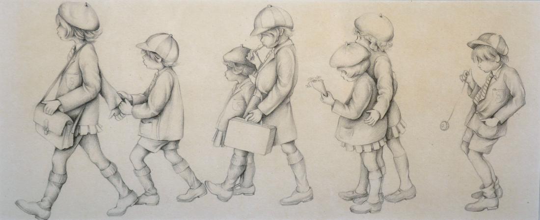 Circle of James Henry Dowd (1883-1956) British.: Circle of James Henry Dowd (1883-1956) British. Children in Uniform, walking to School, Pencil, 6.5" x 15.5".