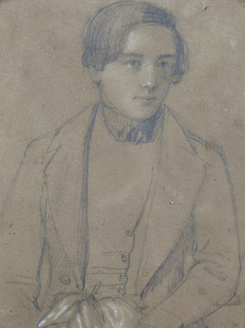 Circle of Jean Auguste Dominique Ingres (1780-1867): Circle of Jean Auguste Dominique Ingres (1780-1867) French. Study of a Young Man, Pencil heightened with white, Indistinctly Inscribed on the reverse, 4.75" x 4.5".