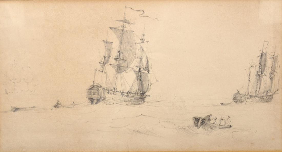 Circle of John Constable (1776-1837) British. Figures: Circle of John Constable (1776-1837) British. Figures in a Rowing Boat, with Man O' War in the distance, Pencil, Unframed, 5.25" x 9.5".