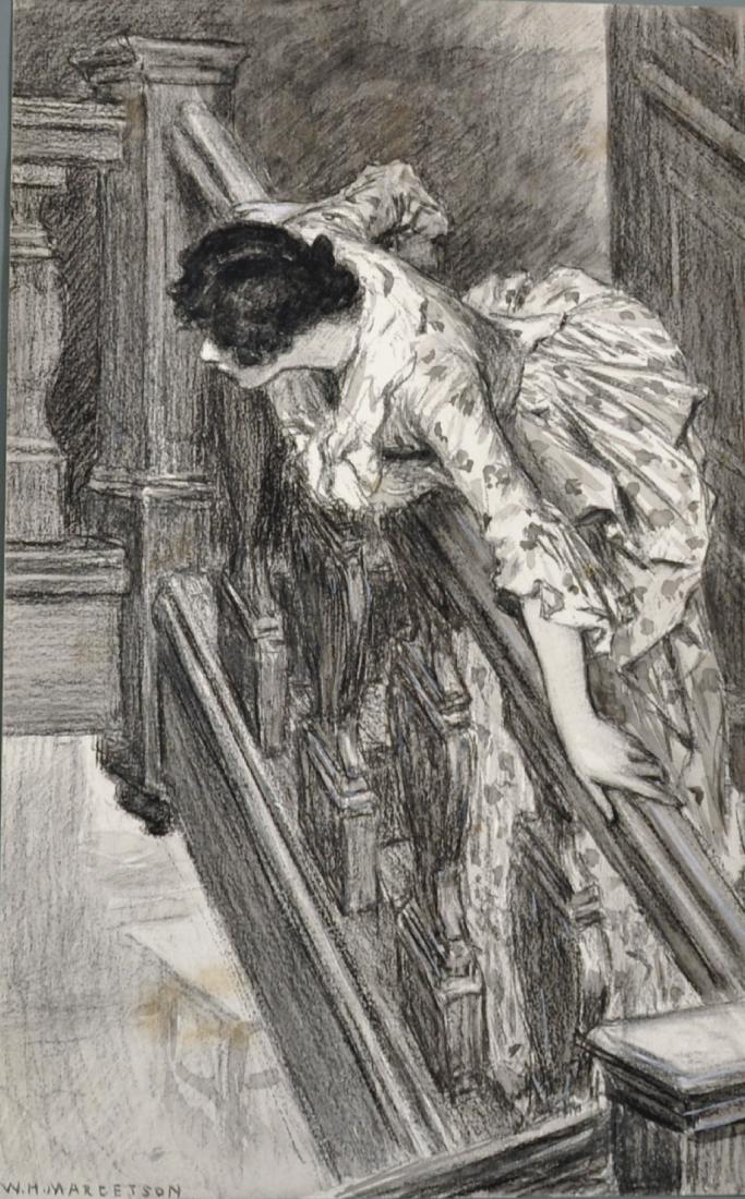 William Henry Margetson (1861-1940) British. "She Had: William Henry Margetson (1861-1940) British. "She Had Heard Nearly the Whole", a Young Girl leaning over a Balcony, Watercolour, Signed, Inscribed on the Mount, 15.25" x 9.75".