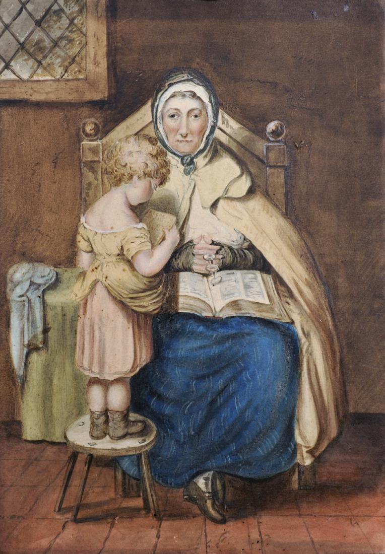 19th Century English School. 'The Reading Lesson',: 19th Century English School. 'The Reading Lesson', Interior Scene with a Young Girl being taught to read, Watercolour, Unframed, 11" x 8.75".