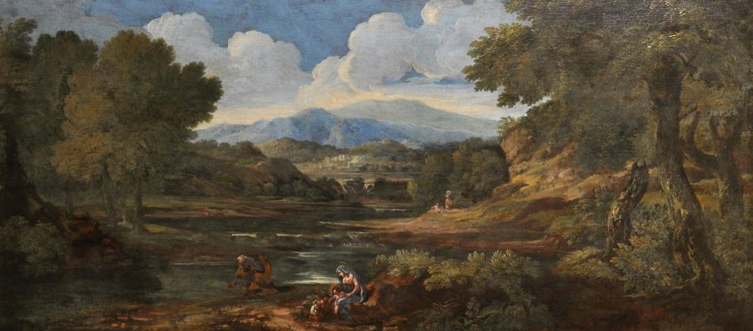 Attributed to Crescenzio Onofri (1632-1712) Italian.: Attributed to Crescenzio Onofri (1632-1712) Italian. "The Rest on the Flight into Egypt", Oil on Canvas, 24" x 56.5", and the companion piece "A Landscape with Peasants and a Drover". Provenance: Prob
