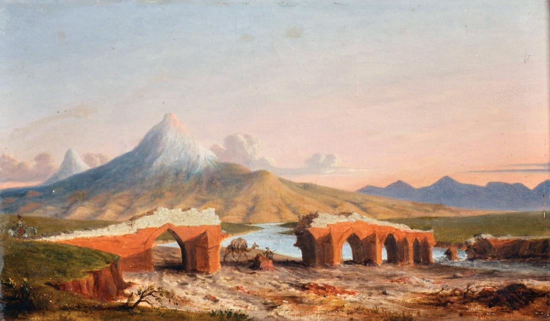 Circle of Edward Lear (1812-1888) British. A Figure and: Circle of Edward Lear (1812-1888) British. A Figure and Camel Passing through Ruins in a Mountainous Landscape, a Horse and Rider in the distance, Oil on Board, 8.75" x 14.75".