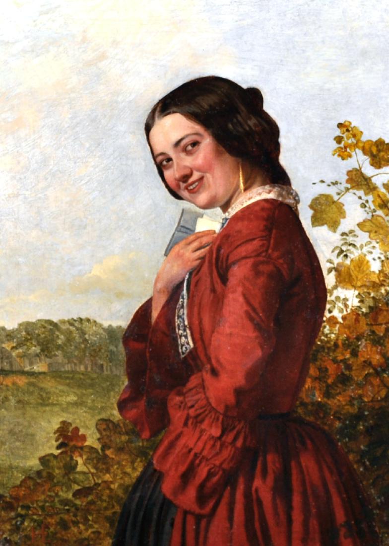 Henry Hetherington Emmerson (1831-1895) British. "No.3,: Henry Hetherington Emmerson (1831-1895) British. "No.3, The Love Letter", with a Young Girl in a Landscape, Oil on Panel, Signed with Initials, and Inscribed on a label on the reverse, 12" x 9".