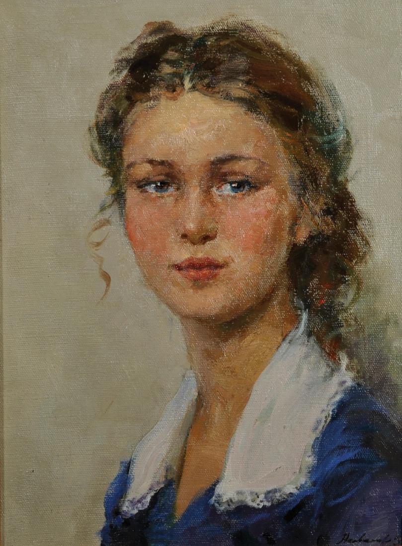 Samouil Grigorievich Nevelshtein (1903-1983) Russian.: Samouil Grigorievich Nevelshtein (1903-1983) Russian. "Young Student, 1955", Portrait of a Young Girl wearing a Blue Dress and White Collar, Oil on Canvas, Signed in Cyrillic, and Signed, Inscribed an