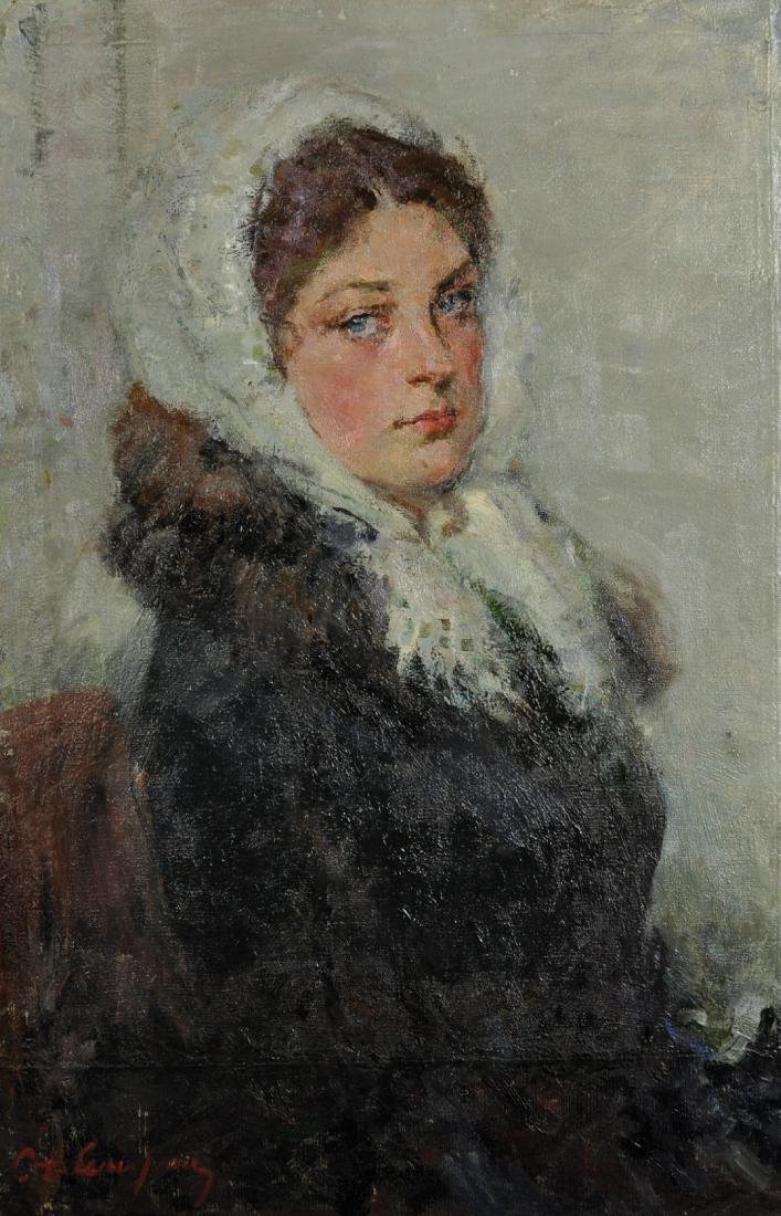 Samouil Grigorievich Nevelshtein (1903-1983) Russian.: Samouil Grigorievich Nevelshtein (1903-1983) Russian. 'Portrait of a Woman wearing a White Scarf' Oil on Canvas, Signed in Cyrillic, and Signed in Cyrillic and Dated 1958 on reverse, 34" x 23".