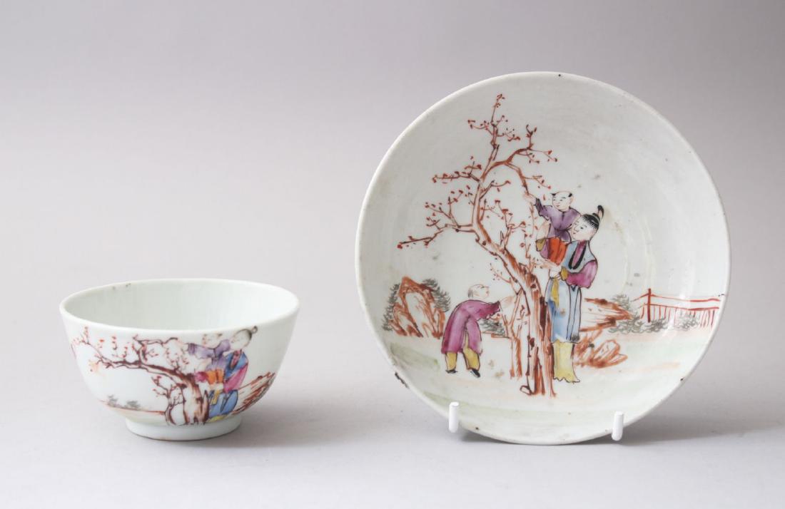 18TH CENTURY CHINESE FAMILLE ROSE PORCELAIN CUP &: 18TH CENTURY CHINESE FAMILLE ROSE PORCELAIN CUP & SAUCER, decorated with scenes of figures in landscape settings, cup; 8.5cm diameter x 4.6cm high, the saucer; 13.5cm diameter. (2)