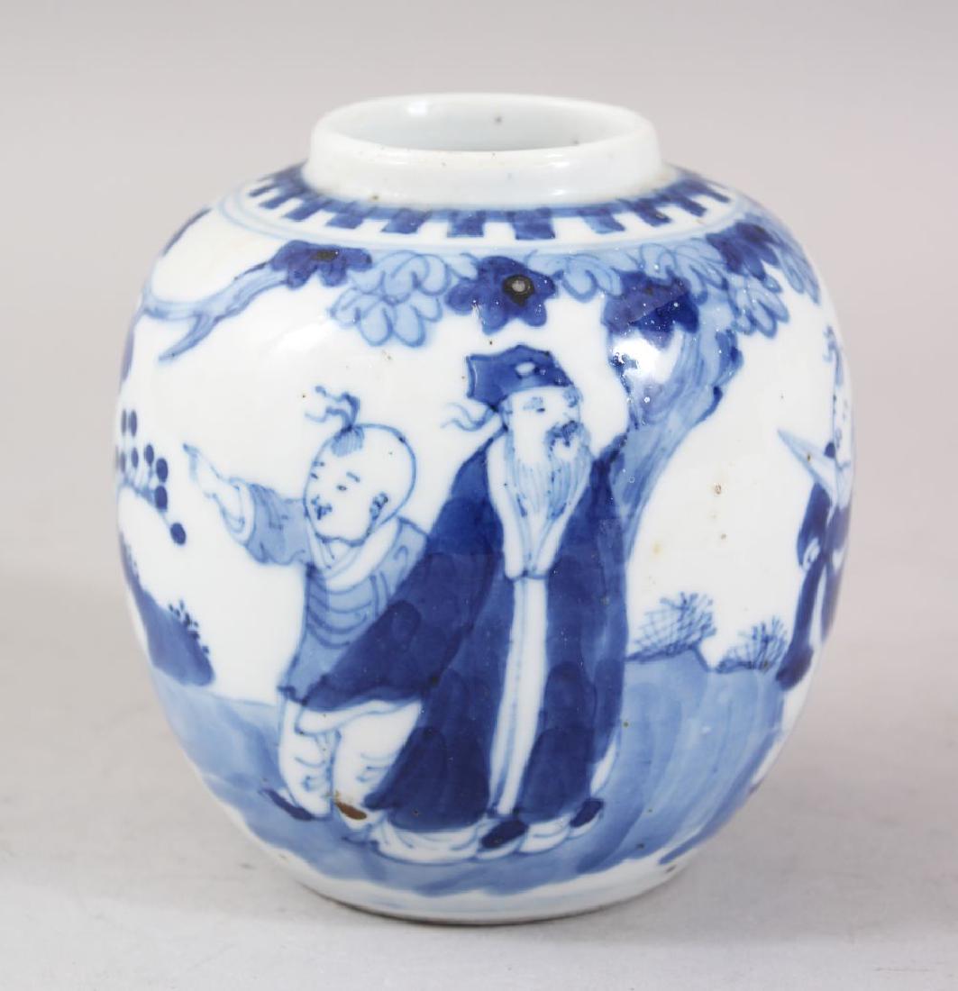 A 19TH CENTURY CHINESE BLUE & WHITE PORCELAIN GINGER: A 19TH CENTURY CHINESE BLUE & WHITE PORCELAIN GINGER JAR, decorated with scenes of boys and sage exterior, base with double blue rings, 11.5cm high x 11cm wide.