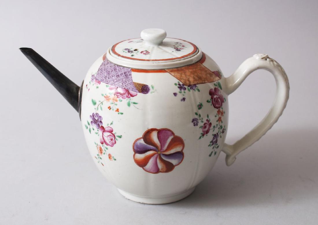 A GOOD 18TH CENTURY CHINESE FAMILLE ROSE PORCELAIN: A GOOD 18TH CENTURY CHINESE FAMILLE ROSE PORCELAIN TEAPOT & COVER, decorated with typical 18th century floral decoration, the spout formed from possibly silver, 14cm high x 23cm wide including handle 