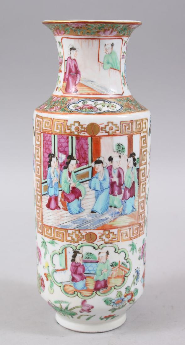 A 19TH CENTURY CHINESE CANTON FAMILLE ROSE PORCELAIN: A 19TH CENTURY CHINESE CANTON FAMILLE ROSE PORCELAIN ROULEAU PORCELAIN VASE, decorated with various panels of figures in garden settings with gilded greek key borders,, further decorated with native f