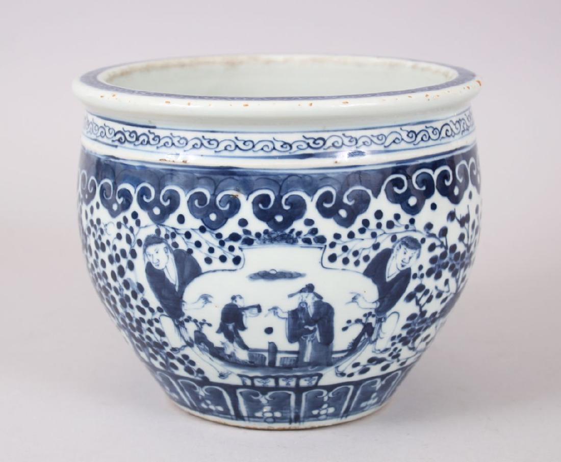 A GOOD 19TH CENTURY CHINESE BLUE & WHITE JARDINIERE,: A GOOD 19TH CENTURY CHINESE BLUE & WHITE JARDINIERE, the body decorated with scenes of figures amongst prunus trees with birds, the rims with geometric & lappet style border designs, 18.5cm diameter x