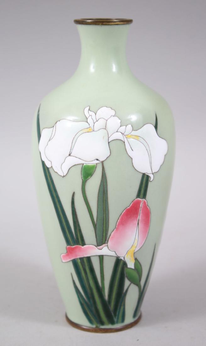 A GOOD JAPANESE MEIJI PERIOD MORIAGE CLOISONNE VASE,: A GOOD JAPANESE MEIJI PERIOD MORIAGE CLOISONNE VASE, the vase decorated using moriage techniques to depict a spray of native flora, 15.5cm high x 7.5cm wide.
