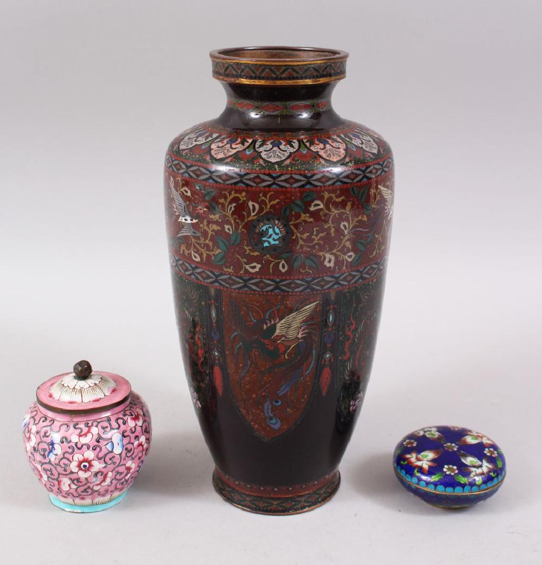 A JAPANESE MEIJI PERIOD CLOISONNE VASE BY OTA, the vase: A JAPANESE MEIJI PERIOD CLOISONNE VASE BY OTA, the vase decorated with panels of dragons and phoenix upon gold dust ground, with further decoration of formal flora, the base impressed with the mark fo