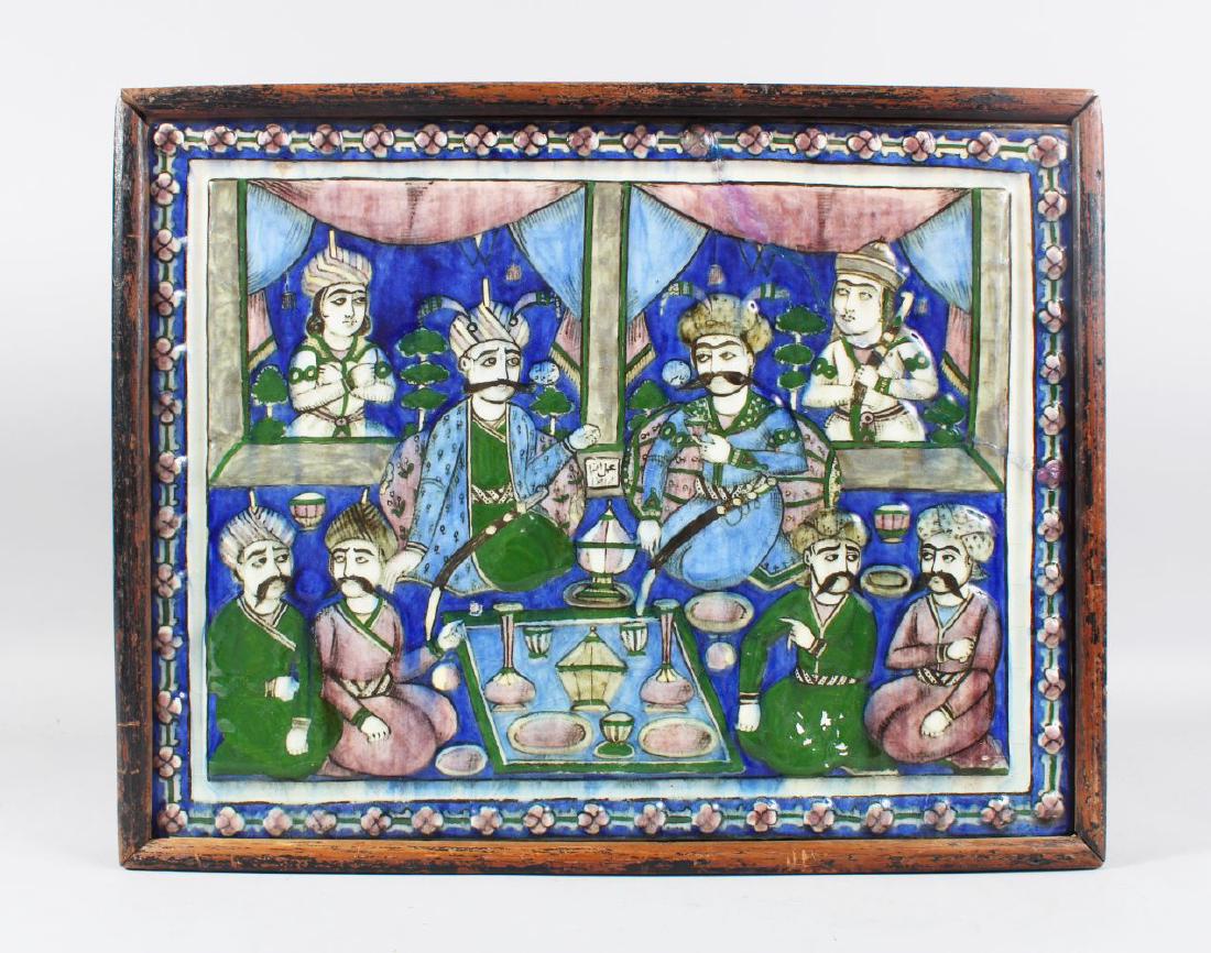A 19TH CENTURY PERSIAN QAJAR GLAZED POTTERY TILE, with (1 of 7)