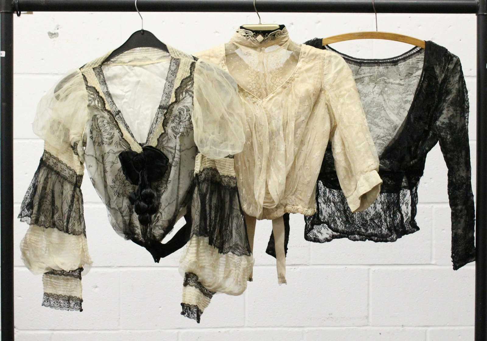 THREE VICTORIAN LACE AND SILK BLOUSES, one with modesty: THREE VICTORIAN LACE AND SILK BLOUSES, one with modesty vest.