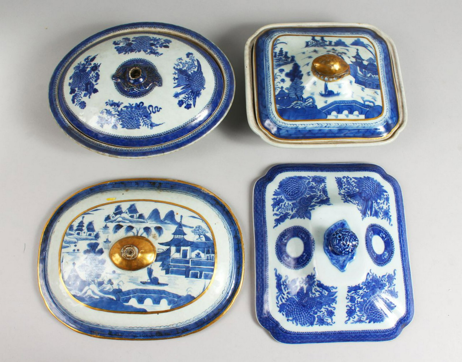 TWO BLUE AND WHITE TUREENS AND COVERS and two other: TWO BLUE AND WHITE TUREENS AND COVERS and two other lids.