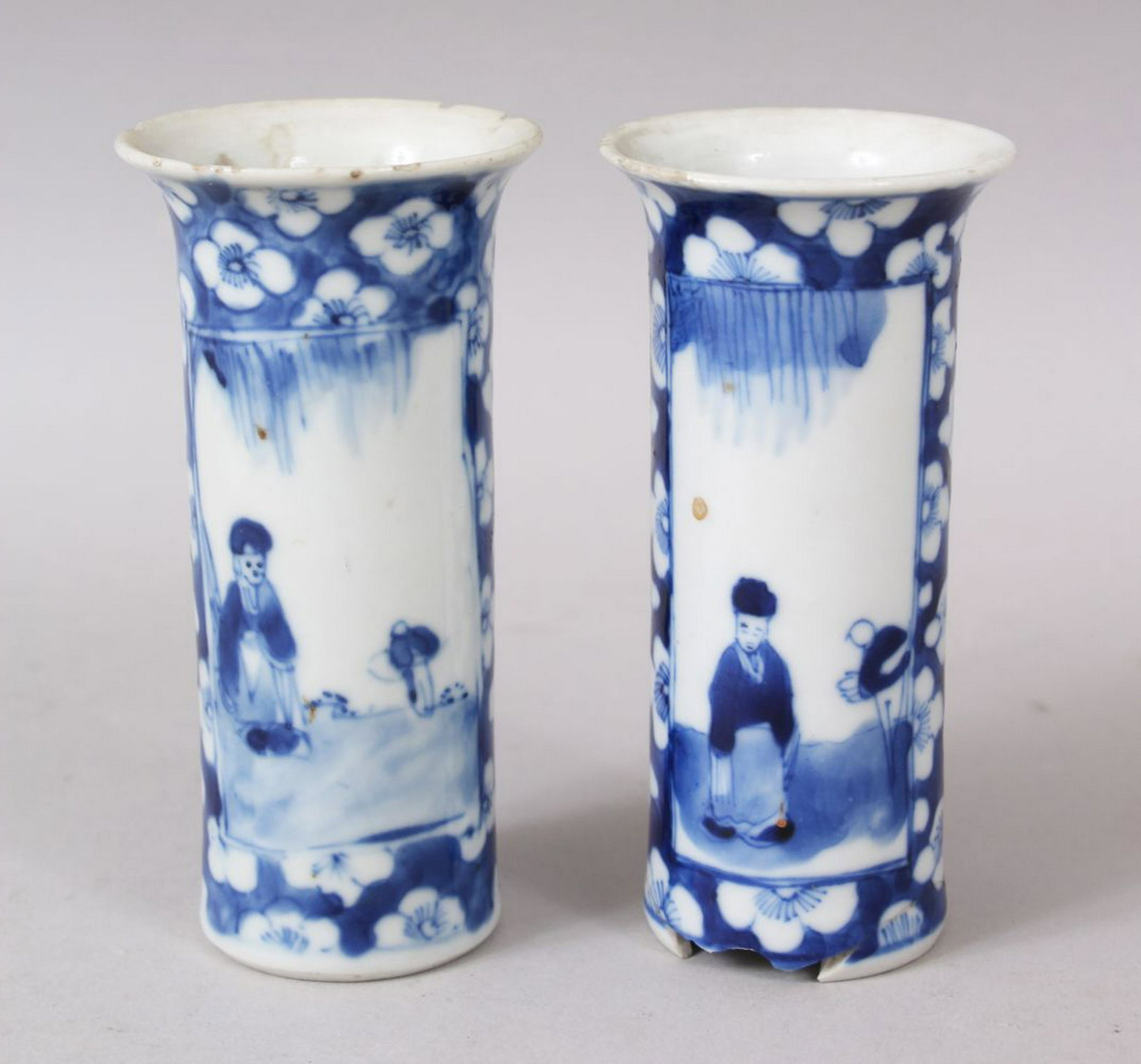 A PAIR OF 19TH CENTURY CHINESE MINIATURE BLUE & WHITE: A PAIR OF 19TH CENTURY CHINESE MINIATURE BLUE & WHITE VASES, decorated with figures and landscapes, 11cm high