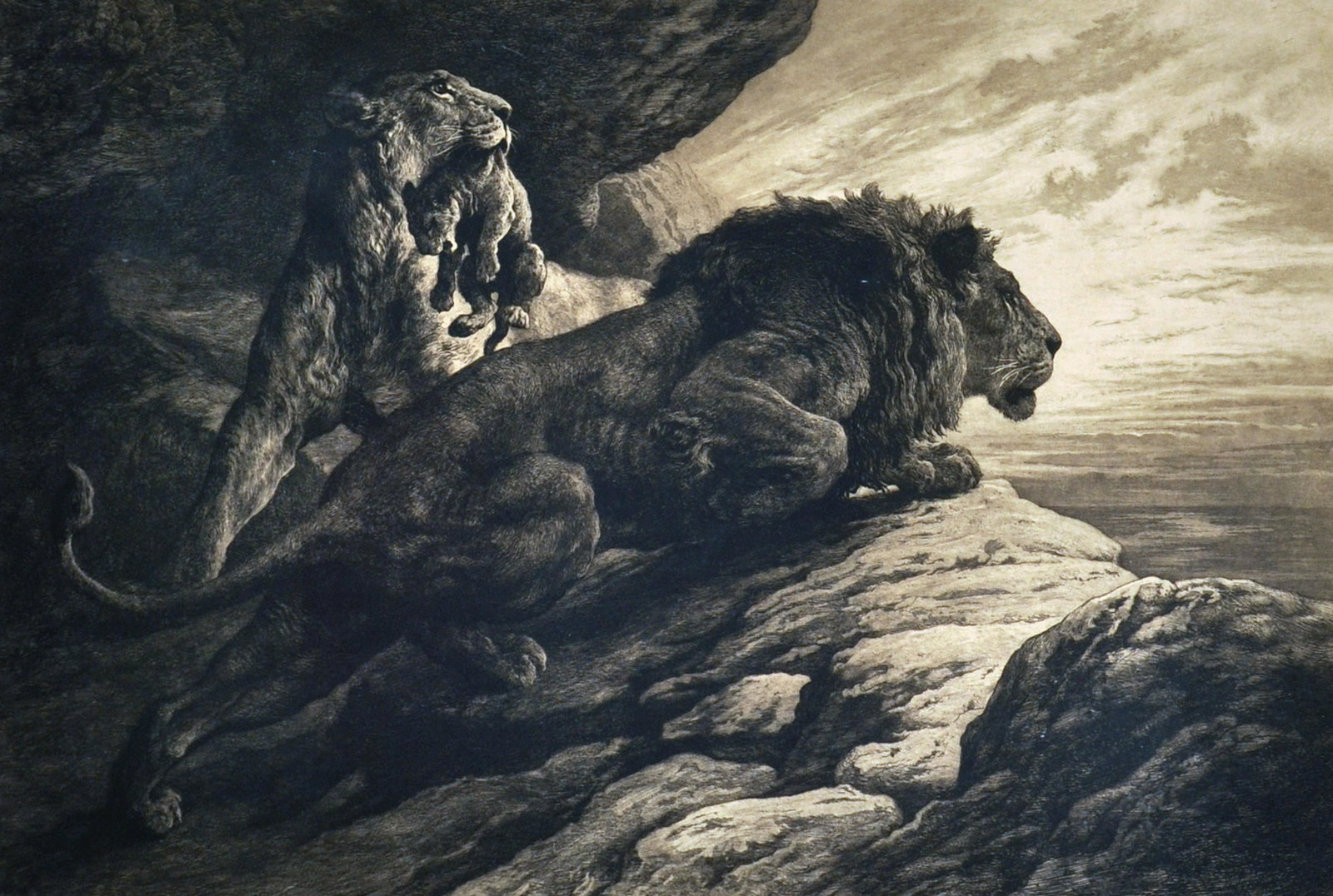 Herbert Thomas Dicksee (1862-1942) British. "The: Herbert Thomas Dicksee (1862-1942) British. "The Alarm", Etching, Signed in Pencil, Engravers Stamp, and Inscribed on a label on the reverse, 20" x 29.75". Provenance: Grindley & Palmer, Liverpool.